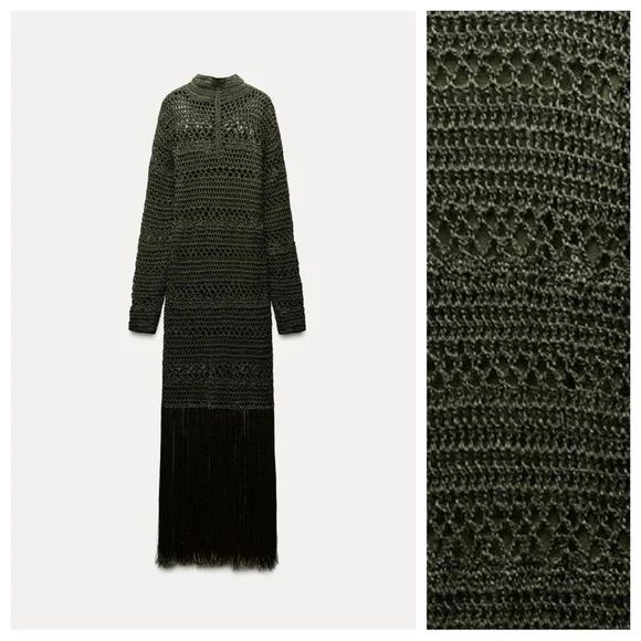 NWT. Zara Green Crochet Lace Dress with Fringe. Lining is missing. Size L. - Picture 6 of 14